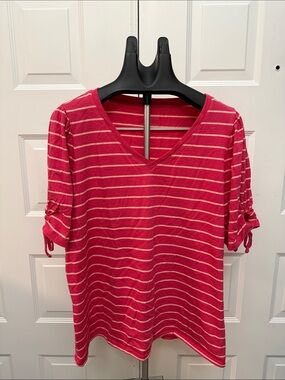 Talbots Raspberry Pink Striped V‑Neck Tie‑Sleeve Tee